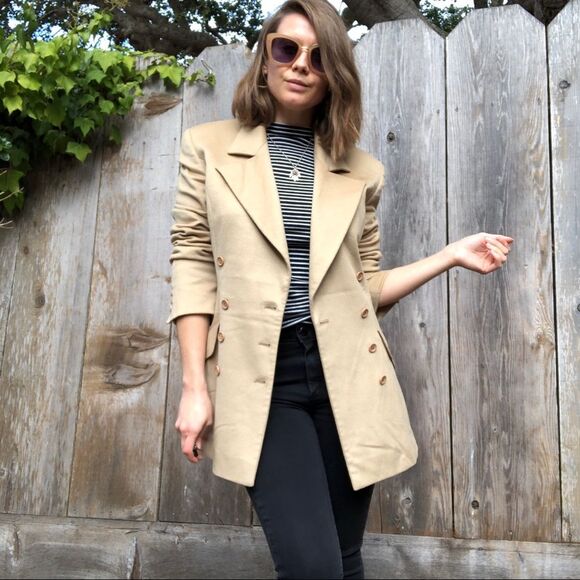 VINTAGE 90s Valentino Miss V tan double breasted cashmere blazer Size 38 Office - Picture 1 of 8